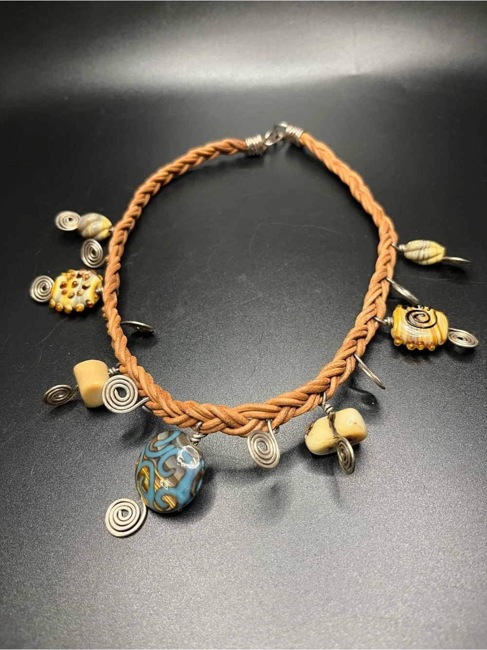 Artisan Sterling Silver Wire Art Glass Braided Leather Statement Necklace Boho